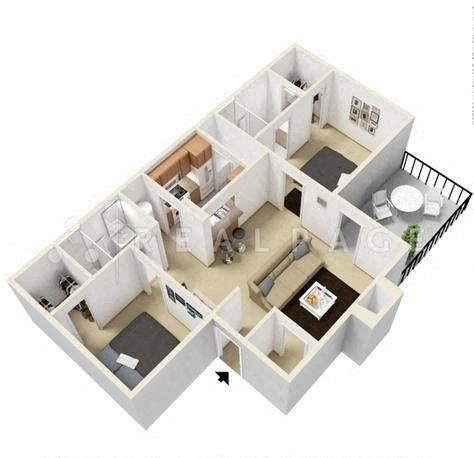Two Bedroom Two Bath 936 Square Feet